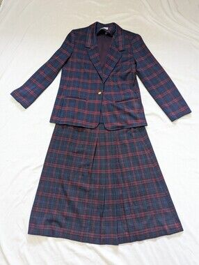 Vtg Navy Red Plaid Preppy Blazer & Pleated Skirt Set Made In USA School Girl SEE